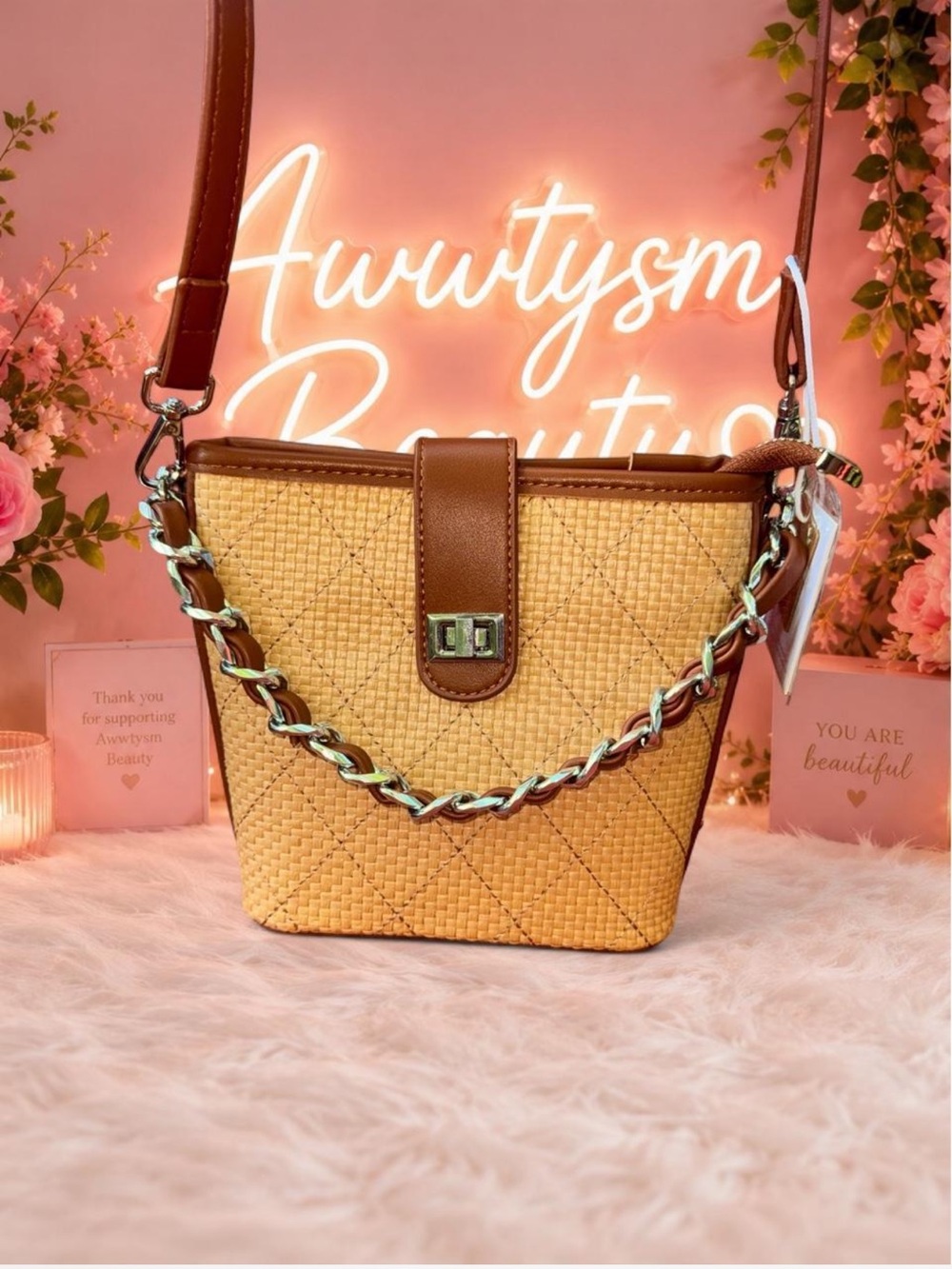 NWT- A9NINE-tan woven straw bucket crossbody bag